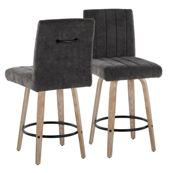 English Elm 26 Inch Swivel Counter Stools Set of 2 with Fabric Seat Bent Wood Legs Metal Ring Whitewashed Dark Grey B202S02242