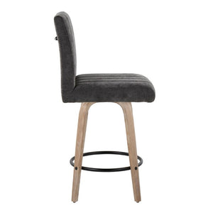 English Elm 26 Inch Swivel Counter Stools Set of 2 with Fabric Seat Bent Wood Legs Metal Ring Whitewashed Dark Grey B202S02242