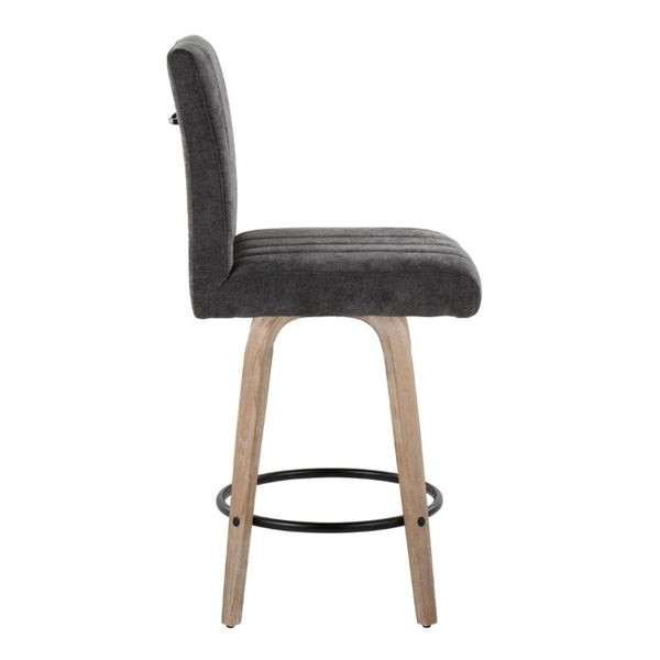 English Elm 26 Inch Swivel Counter Stools Set of 2 with Fabric Seat Bent Wood Legs Metal Ring Whitewashed Dark Grey B202S02242