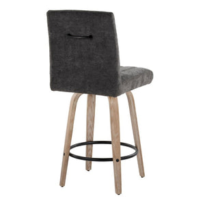 English Elm 26 Inch Swivel Counter Stools Set of 2 with Fabric Seat Bent Wood Legs Metal Ring Whitewashed Dark Grey B202S02242