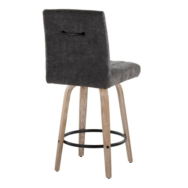 English Elm 26 Inch Swivel Counter Stools Set of 2 with Fabric Seat Bent Wood Legs Metal Ring Whitewashed Dark Grey B202S02242