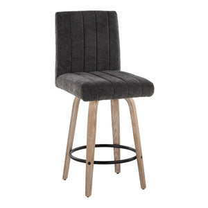 English Elm 26 Inch Swivel Counter Stools Set of 2 with Fabric Seat Bent Wood Legs Metal Ring Whitewashed Dark Grey B202S02242
