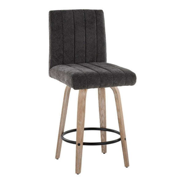 English Elm 26 Inch Swivel Counter Stools Set of 2 with Fabric Seat Bent Wood Legs Metal Ring Whitewashed Dark Grey B202S02242