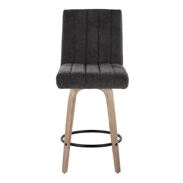 English Elm 26 Inch Swivel Counter Stools Set of 2 with Fabric Seat Bent Wood Legs Metal Ring Whitewashed Dark Grey B202S02242