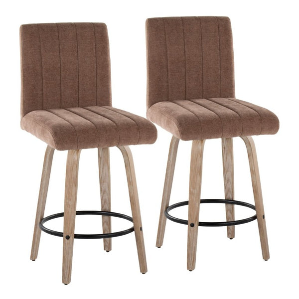 English Elm 26 Inch Swivel Counter Stools Set of 2 with Fabric Seat Bent Wood Legs Metal Ring Whitewashed Brown B202S02243
