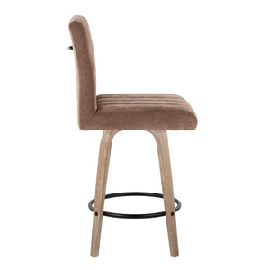 English Elm 26 Inch Swivel Counter Stools Set of 2 with Fabric Seat Bent Wood Legs Metal Ring Whitewashed Brown B202S02243