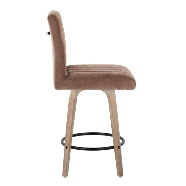 English Elm 26 Inch Swivel Counter Stools Set of 2 with Fabric Seat Bent Wood Legs Metal Ring Whitewashed Brown B202S02243