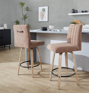 English Elm 26 Inch Swivel Counter Stools Set of 2 with Fabric Seat Bent Wood Legs Metal Ring Whitewashed Brown B202S02243