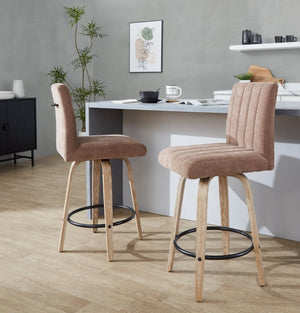 English Elm 26 Inch Swivel Counter Stools Set of 2 with Fabric Seat Bent Wood Legs Metal Ring Whitewashed Brown B202S02243