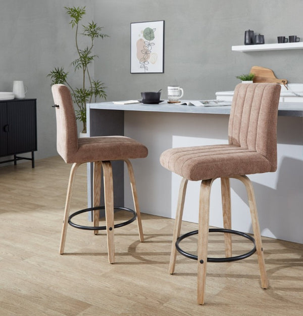 English Elm 26 Inch Swivel Counter Stools Set of 2 with Fabric Seat Bent Wood Legs Metal Ring Whitewashed Brown B202S02243