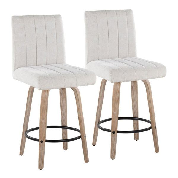 English Elm 26 Inch Swivel Counter Stools Set of 2 with Fabric Seat Bent Wood Legs Metal Ring Whitewashed Light Gray B202S02244
