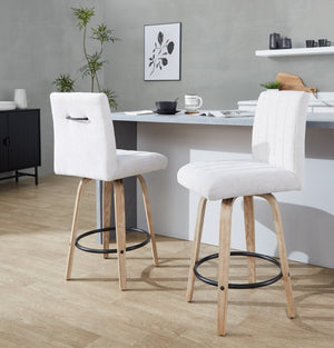 English Elm 26 Inch Swivel Counter Stools Set of 2 with Fabric Seat Bent Wood Legs Metal Ring Whitewashed Light Gray B202S02244