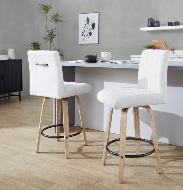 English Elm 26 Inch Swivel Counter Stools Set of 2 with Fabric Seat Bent Wood Legs Metal Ring Whitewashed Light Gray B202S02244