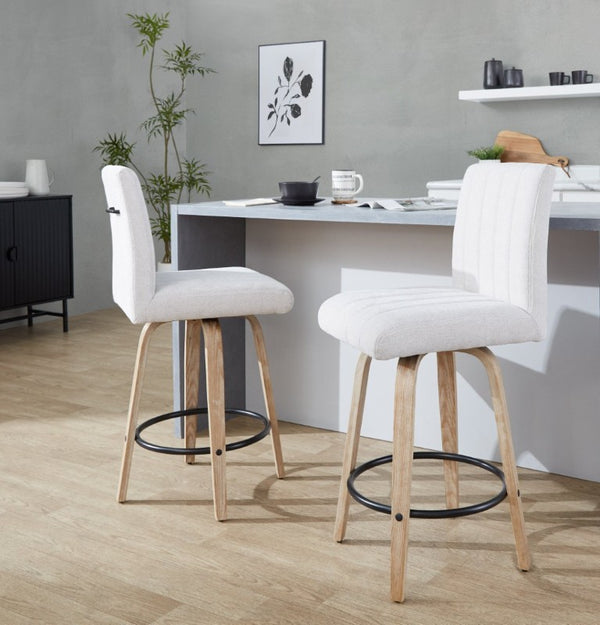 English Elm 26 Inch Swivel Counter Stools Set of 2 with Fabric Seat Bent Wood Legs Metal Ring Whitewashed Light Gray B202S02244