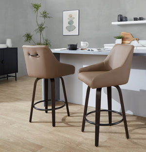 English Elm 26Fixed-Height Swivel Counter Stools Faux Leather Bentwood Set of 2 for Kitchen Islands Brown Walnut Glazed B202S02245