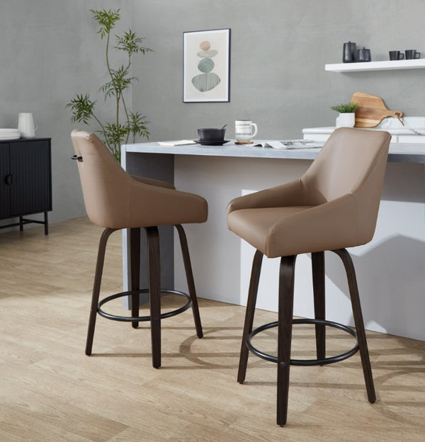 English Elm 26Fixed-Height Swivel Counter Stools Faux Leather Bentwood Set of 2 for Kitchen Islands Brown Walnut Glazed B202S02245