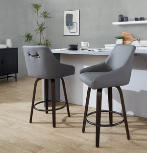 English Elm 26Fixed-Height Swivel Counter Stools Faux Leather Bentwood Set of 2 for Kitchen Islands Gray Walnut Glazed B202S02246