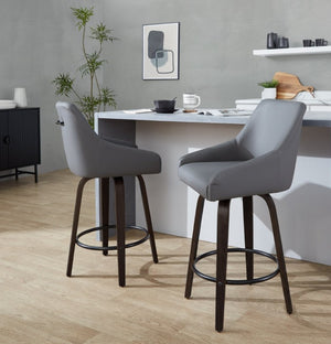 English Elm 26Fixed-Height Swivel Counter Stools Faux Leather Bentwood Set of 2 for Kitchen Islands Gray Walnut Glazed B202S02246