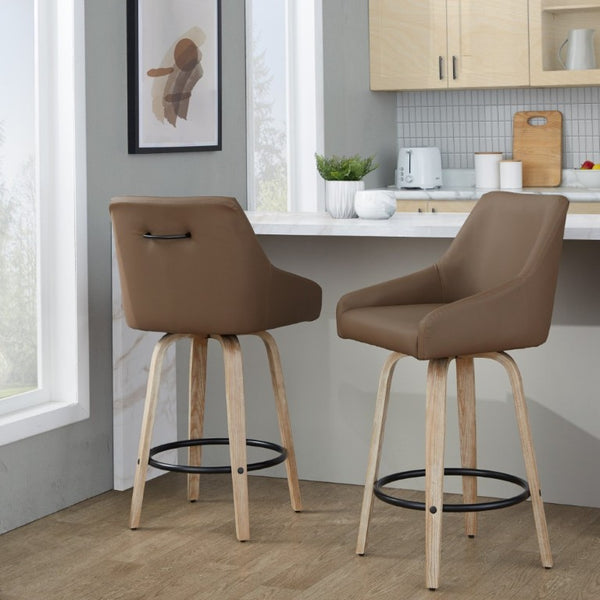 English Elm 26Fixed-Height Swivel Counter Stools Faux Leather Bentwood Set of 2 for Kitchen Islands Brown Whitewashed B202S02247