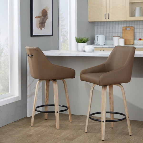English Elm 26Fixed-Height Swivel Counter Stools Faux Leather Bentwood Set of 2 for Kitchen Islands Brown Whitewashed B202S02247
