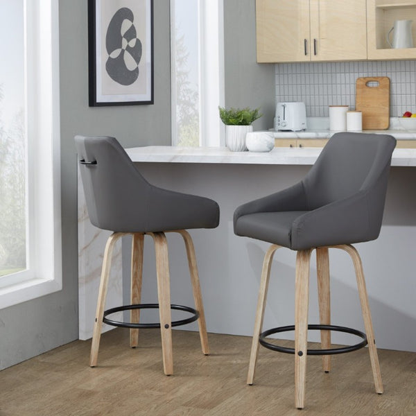 English Elm 26Fixed-Height Swivel Counter Stools Faux Leather Bentwood Set of 2 for Kitchen Islands Gray Whitewashed B202S02248