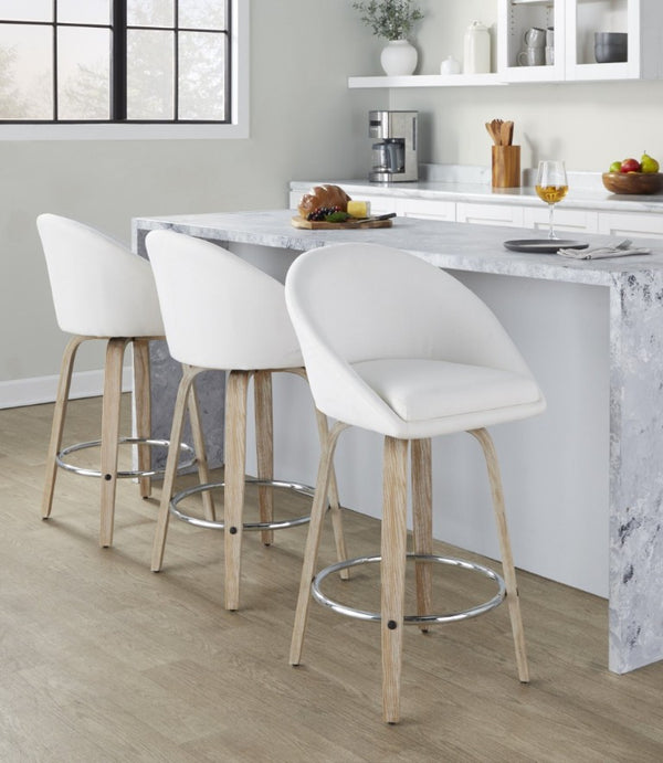 English Elm Highback Swivel Counter Stools with Bent Wood Legs and Black Metal Footrest Set of 2 Cream White Washed B202S02251
