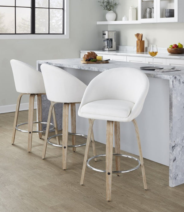 English Elm Highback Swivel Counter Stools with Bent Wood Legs and Black Metal Footrest Set of 2 Cream White Washed B202S02251