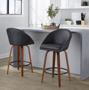 English Elm Highback Swivel Counterstools Walnut Bentwood Faux Leather Seat Kitchen Island Set of 2 Black B202S02252