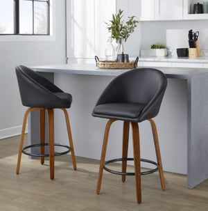 English Elm Highback Swivel Counterstools Walnut Bentwood Faux Leather Seat Kitchen Island Set of 2 Black B202S02252