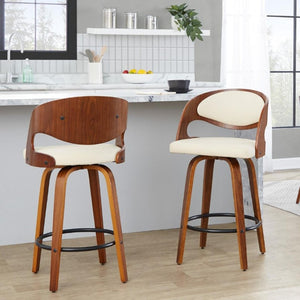 English Elm Fixed-Height Swivel Counterstools Walnut Bent Wood Legs Cream Faux Leather Set of 2 B202S02254