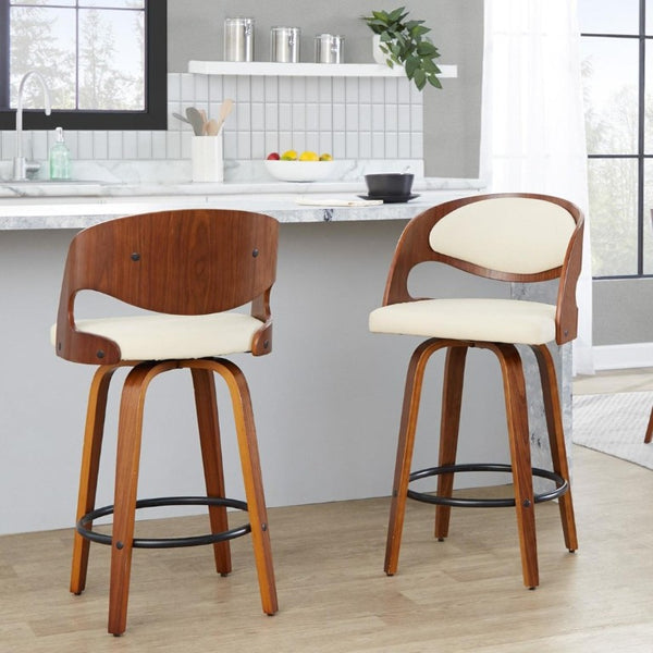 English Elm Fixed-Height Swivel Counterstools Walnut Bent Wood Legs Cream Faux Leather Set of 2 B202S02254