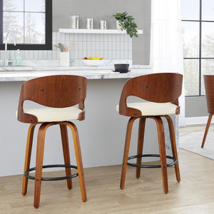 English Elm Fixed-Height Swivel Counterstools Walnut Bent Wood Legs Cream Faux Leather Set of 2 B202S02254