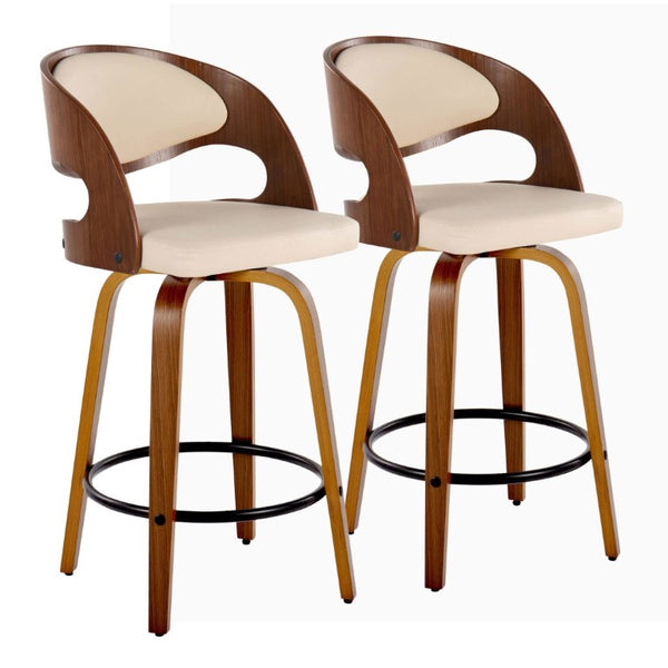 English Elm Fixed-Height Swivel Counterstools Walnut Bent Wood Legs Cream Faux Leather Set of 2 B202S02254