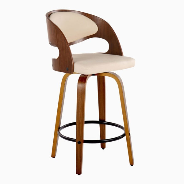 English Elm Fixed-Height Swivel Counterstools Walnut Bent Wood Legs Cream Faux Leather Set of 2 B202S02254