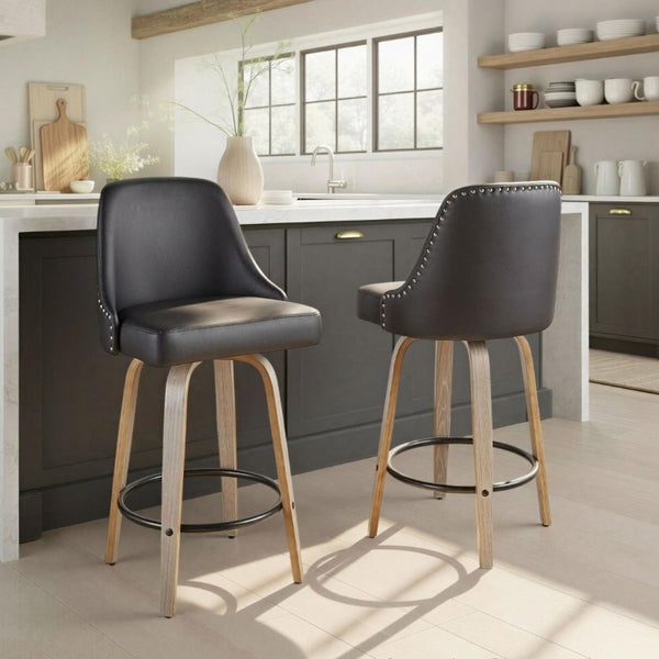 English Elm 26 Inch Swivel Counterstools Faux Leather Seat Chrome Nailhead Grey Wood Legs Set of 2 B202S02255