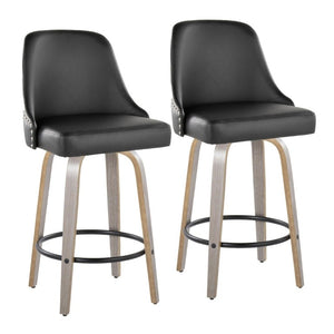 English Elm 26 Inch Swivel Counterstools Faux Leather Seat Chrome Nailhead Grey Wood Legs Set of 2 B202S02255