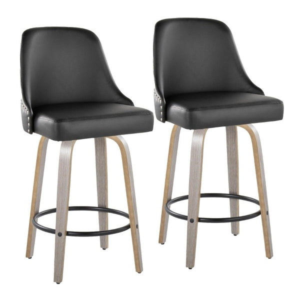 English Elm 26 Inch Swivel Counterstools Faux Leather Seat Chrome Nailhead Grey Wood Legs Set of 2 B202S02255