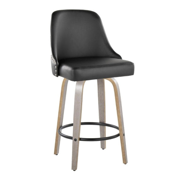 English Elm 26 Inch Swivel Counterstools Faux Leather Seat Chrome Nailhead Grey Wood Legs Set of 2 B202S02255