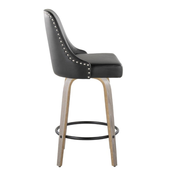 English Elm 26 Inch Swivel Counterstools Faux Leather Seat Chrome Nailhead Grey Wood Legs Set of 2 B202S02255
