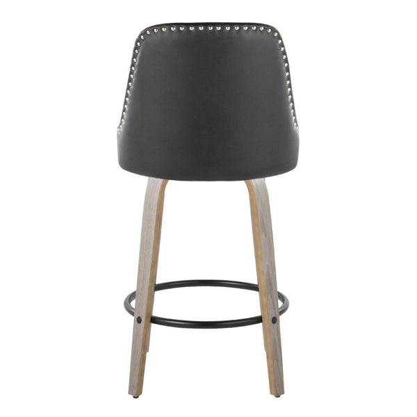 English Elm 26 Inch Swivel Counterstools Faux Leather Seat Chrome Nailhead Grey Wood Legs Set of 2 B202S02255
