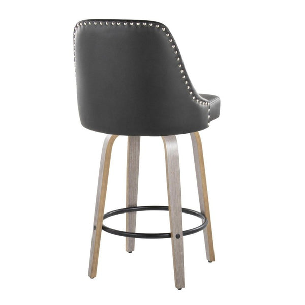 English Elm 26 Inch Swivel Counterstools Faux Leather Seat Chrome Nailhead Grey Wood Legs Set of 2 B202S02255