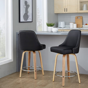 English Elm 26Fixed-Height Swivel Counter Stools Zebra Wood Faux Leather Chrome Nailhead Set of 2 B202S02256