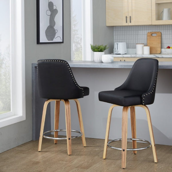 English Elm 26Fixed-Height Swivel Counter Stools Zebra Wood Faux Leather Chrome Nailhead Set of 2 B202S02256