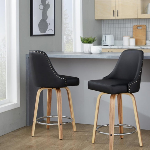 English Elm 26Fixed-Height Swivel Counter Stools Zebra Wood Faux Leather Chrome Nailhead Set of 2 B202S02256