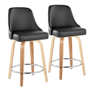 English Elm 26Fixed-Height Swivel Counter Stools Zebra Wood Faux Leather Chrome Nailhead Set of 2 B202S02256