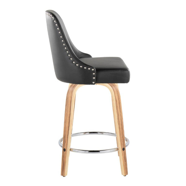 English Elm 26Fixed-Height Swivel Counter Stools Zebra Wood Faux Leather Chrome Nailhead Set of 2 B202S02256