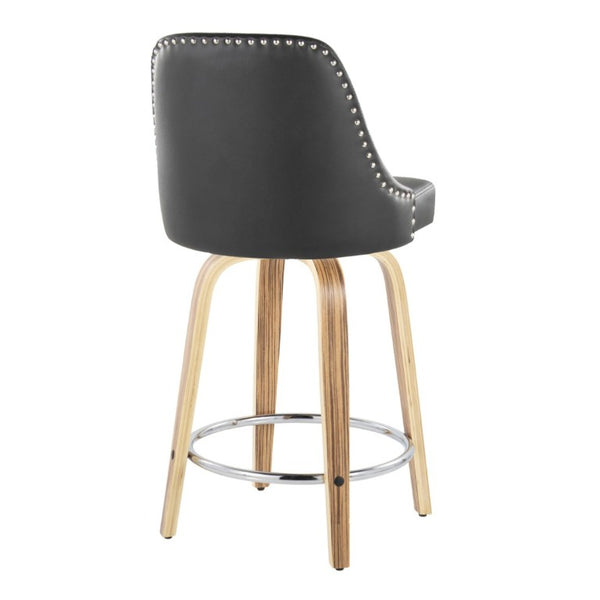 English Elm 26Fixed-Height Swivel Counter Stools Zebra Wood Faux Leather Chrome Nailhead Set of 2 B202S02256