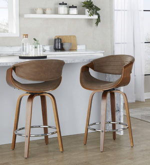English Elm 26 Inch Swivel Counterstools Set of Two Bentwood Walnut Base Espresso Faux Leather MCM B202S02257