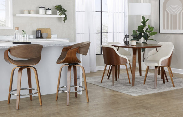 English Elm 26 Inch Swivel Counterstools Set of Two Bentwood Walnut Base Espresso Faux Leather MCM B202S02257