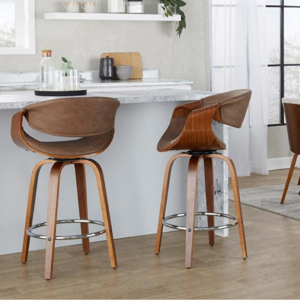 English Elm 26 Inch Swivel Counterstools Set of Two Bentwood Walnut Base Espresso Faux Leather MCM B202S02257